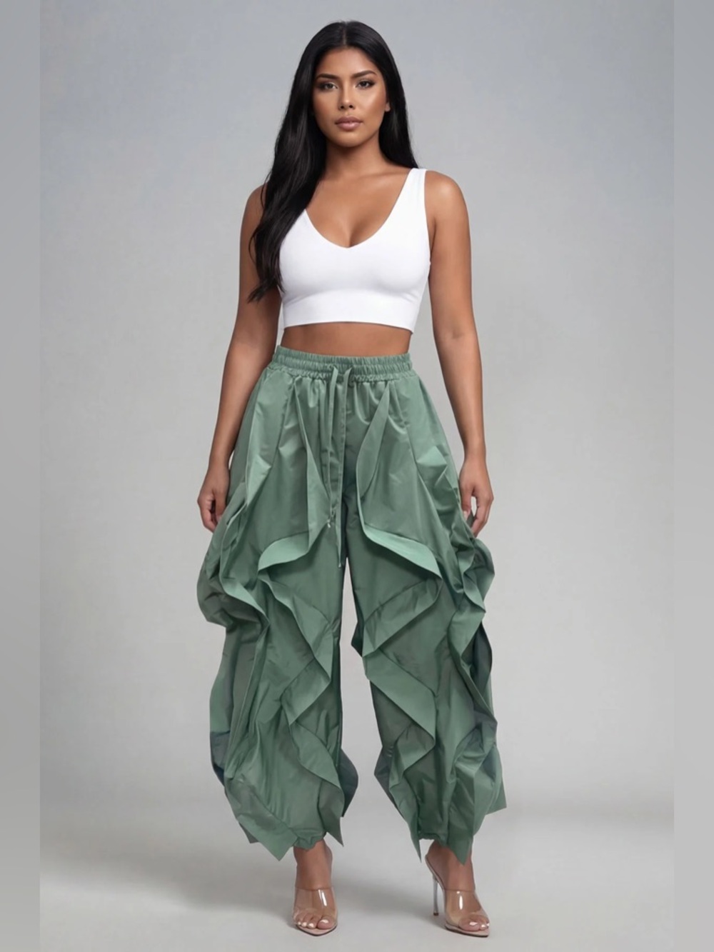 Yellow Ruffle Wide-Leg Wavy Drawstring Pants - Picture 14 of 16
